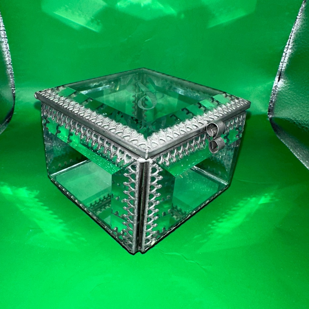 Nicole Miller Home Beveled Glass Mirrored Footed Trinket Jewelry Box Etched J